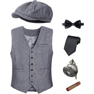 1920s Mens Costume Vest Hat Pocket Watch Accessories Set Adult Party Cosplay (Gray, L)