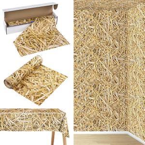 ARQRHTLY 100 Ft x 54 Inch Hay Bales Decor Hay Tablecloth Roll with Cutter Box, Large Straw Wall Backdrop, Disposable Plastic Table Cover for Western Cowboy Farm, Birthday Theme Party Supplies