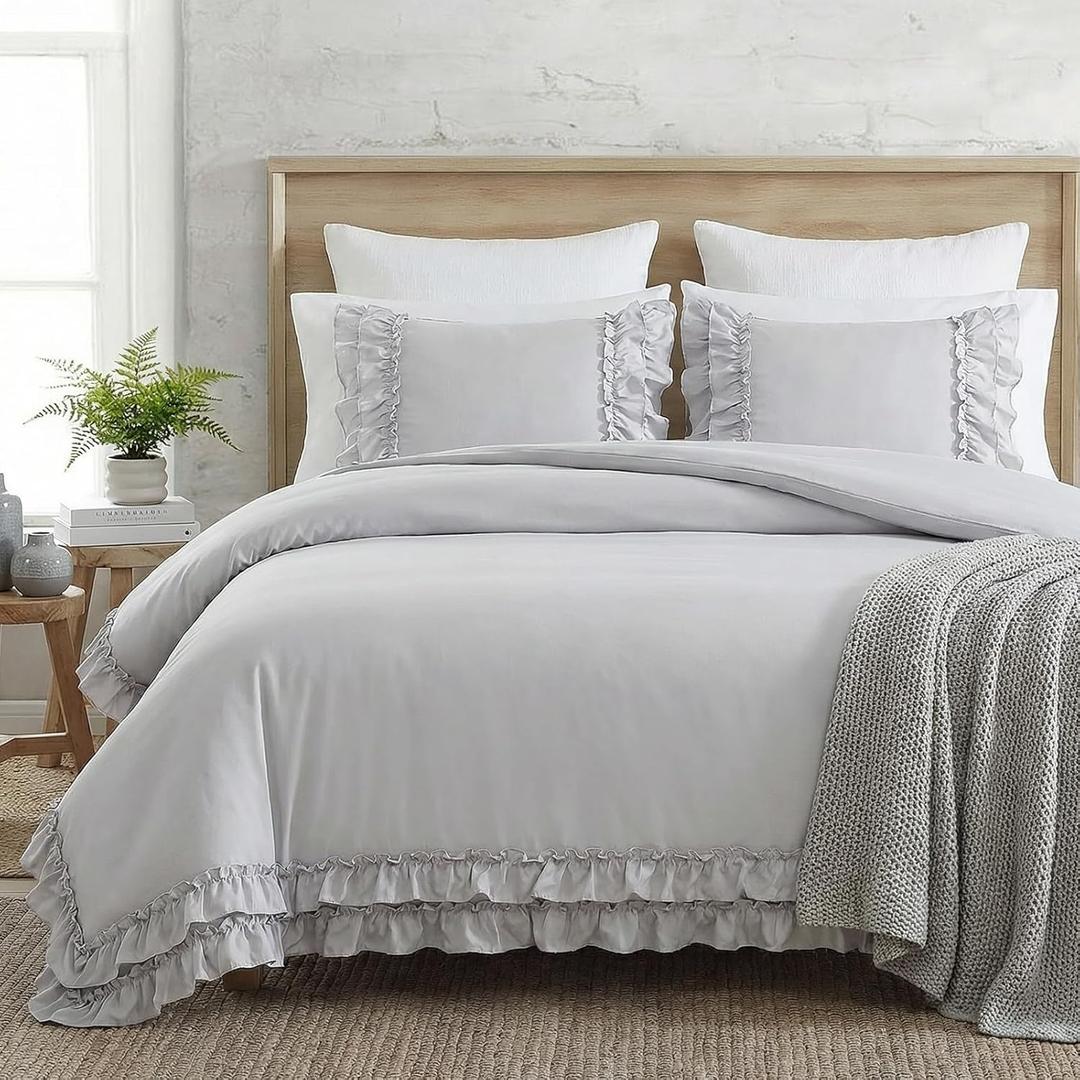 Bedorm Gray Duvet Cover Set King Ruffle Bedding Set Pleat Ruffled Shabby Chic Comforter Cover Extra Soft & Easy Care Gray Boho Duvet Cover with Zipper Closure