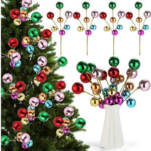 4 Pcs Christmas Tree Ball Floral Pick and Spray 15 Inch Multicolored Plastic Ball Branches Glossy Shapeable Stems Xmas Shatterproof Decor for Vase Tree Topper Wreath Garland Holiday Party