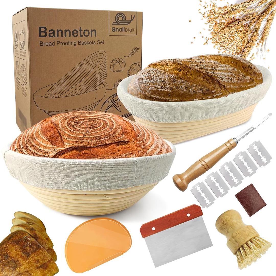 Sourdough Bread Baking Supplies: 9 Inch Round & 10 Inch Oval Banneton Bread Proofing Baskets w/Liner, Bread Lame, Dough Scrapers, Cleaning Brush, Artisan Bread Making Gifts for Bakers