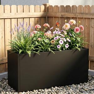 Rustproof Metal Planter Box 32 Inch Outdoor, Galvanized Steel Raised Garden Bed with Drainage Holes, Large Deep Rectangular Planter for Patio Balcony Porch Backyard (Black)