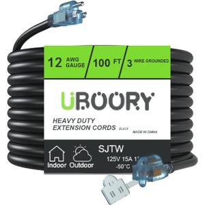Outdoor Extension Cord Waterproof 100 FT, Black 12/3 SJTW Heavy Duty, Flexible 100% Copper 3 Prong Extension Cord for Lawn, Garage,UL Listed