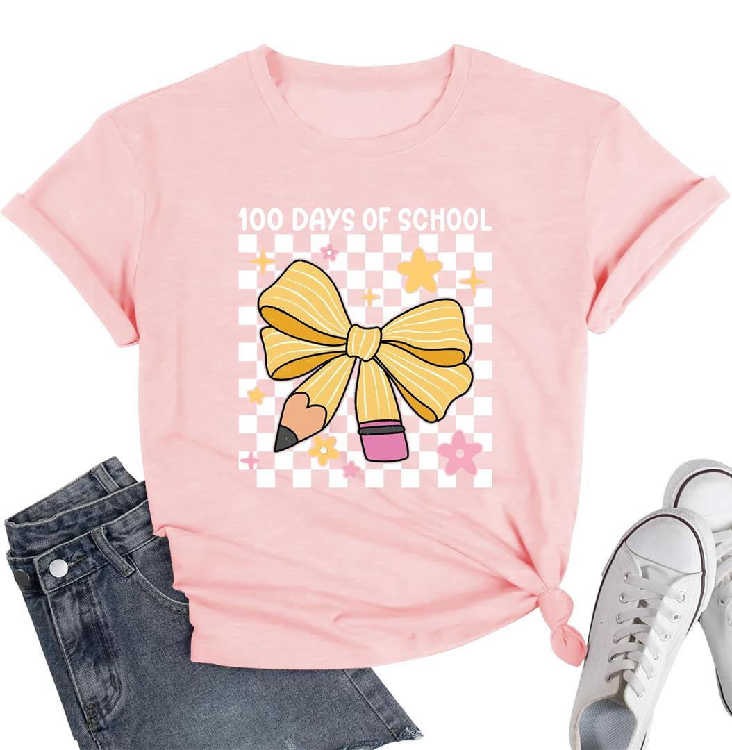 100 Days of School Shirt for Kindergarten Teacher: Bow Pencil Shirts,Teacher Appreciation Short Sleeve Shirts, Pink XL