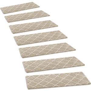 PURE ERA Carpet Stair Treads Tape Free Non Slip Indoor Stair Carpet Stair Protectors Pet-Friendly Non-Slip Skid Resistant Washable Reusable 8" x 30"(2 Pieces,Cream Gray Diamond Trellis)