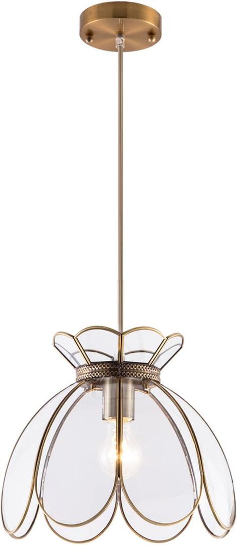 12" Vintage Brass Pendant Light Fixture, Flower Hanging Lamp for Kitchen Island, Glass Lotus Flower Ceiling Pendant Lighting for Entryway, Dining Room, Bedroom, Living Room, Clear, Large