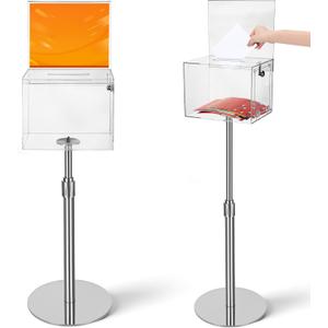 DoubleFill 2 Pack Acrylic Suggestion Donation Box with Lock and Key 11x 8.25x 8.25 Inches Offering Raffle Box with Stand Slot for Office Charity Church Collection (Clear,Sliver Stand)