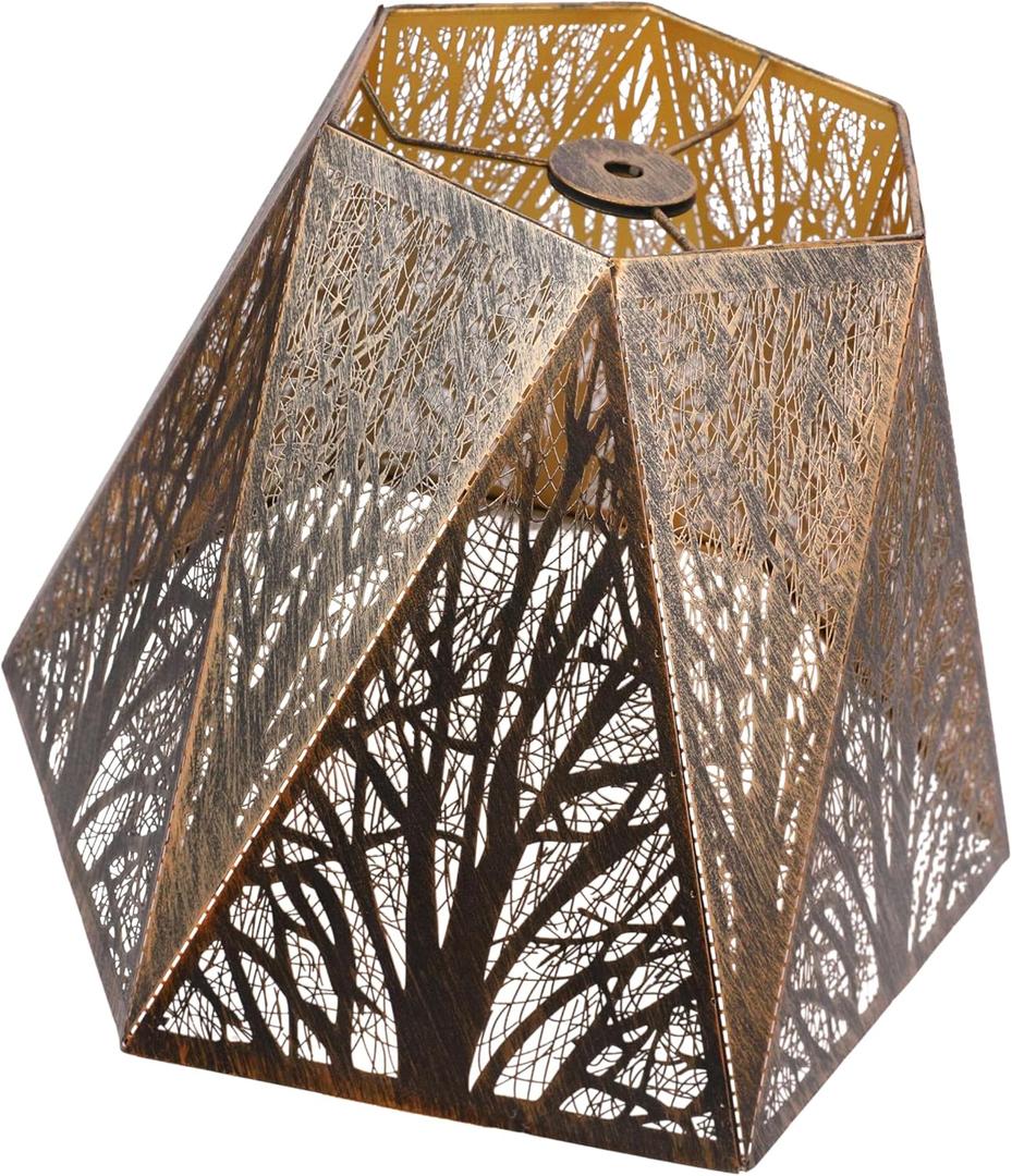 Lampshade Bell Lamp Shade 11.8" Width x 9" High x 1.63" Fitter (Spider) Metal Antique Bronze Gold Medium Lamp Shades for Floor Lamps and Table Lamp - Forest Etched - Hexagonal Lampshades Replacement