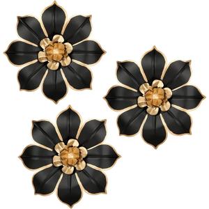 Metal Flowers Wall Decor Black and Gold Wall Art Decorations Hanging 3 Pc Rustic Modern Floral Sculpture Wall Accent Artwork Indoor Outdoor for Bathroom Kitchen Bedroom Living Room Patio Porch 10 Inch