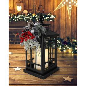 iStatue Metal Black Christmas Lantern with Flameless Candle, 14'' Modern Farmhouse Decor Festive Holiday Rustic Home Xmas Gifts for Indoor / Outdoor (Xmas)