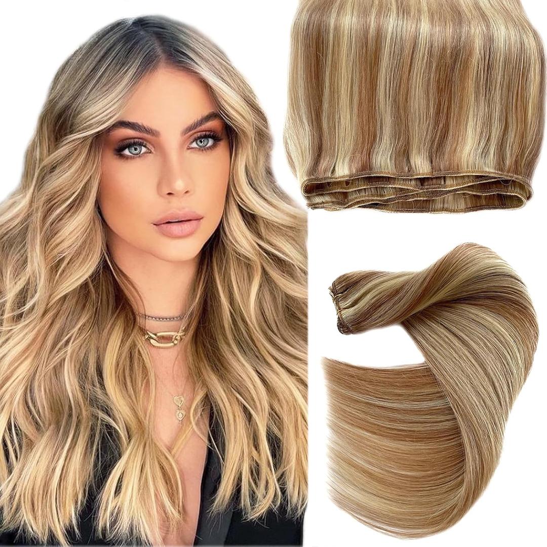 18 Inch Human Hair Weft Sew in Hair Extensions Real Human Hair Hand Tied Weft Hair Extensions Color 12/613 Golden Brown to Bleach Blonde Highlight Human Hair Bundles Straight Remy Hair Wefts 100 Gram
