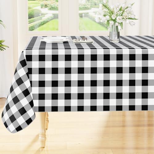 Smiry Rectangle Table Cloth, Waterproof Vinyl Tablecloths with Flannel Backing, Wipeable Buffalo Plaid Table Cover for Dining, Indoor and Outdoor (Black & White, 60"x84")
