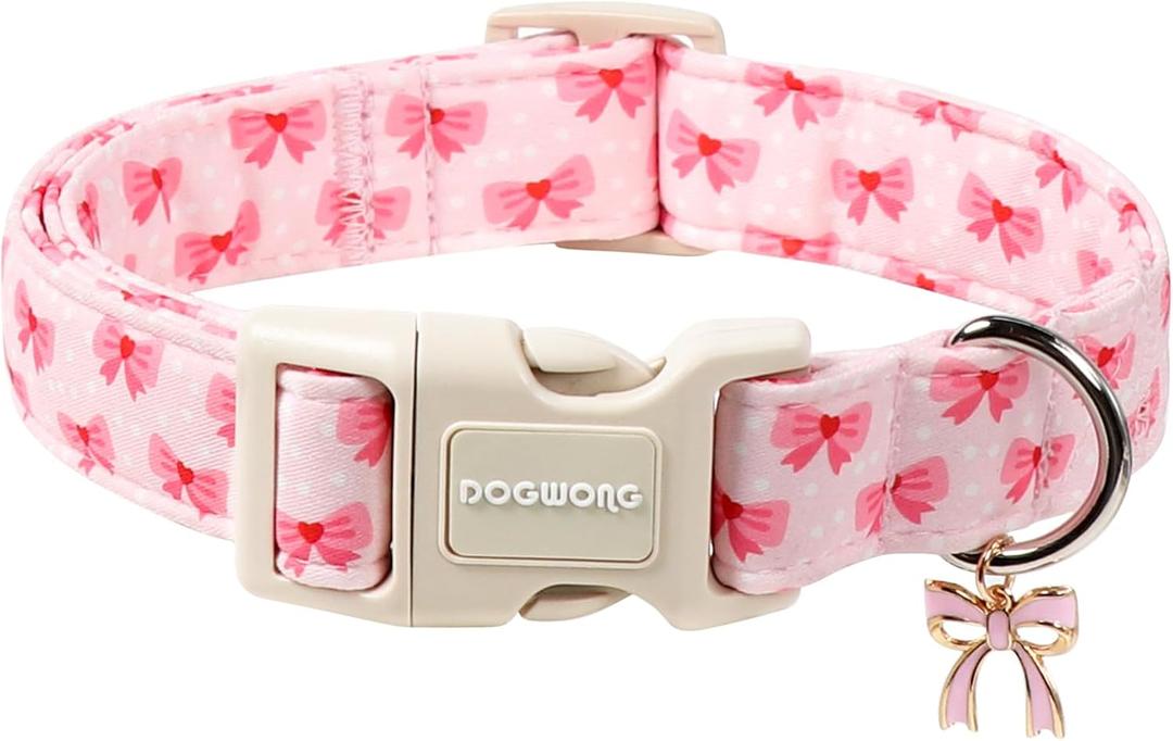 DOGWONG Cute Bowtie Printed Collar for Small Medium Large Dogs - Pink Dog Collar for Girl Female Dogs, Small