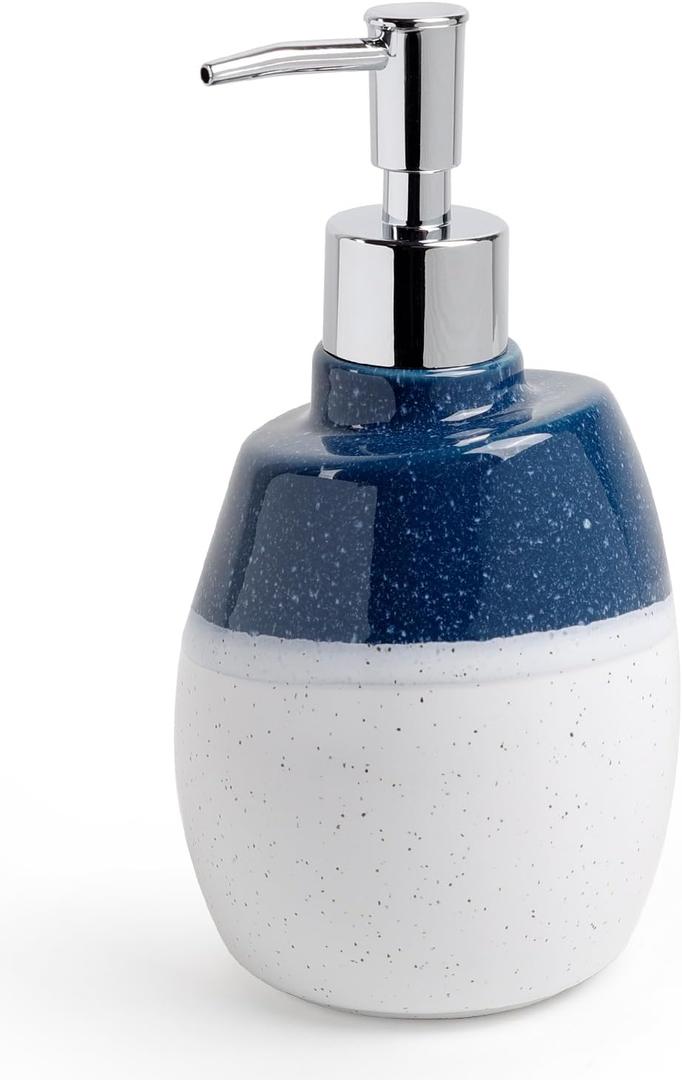 Ceramic Soap Dispenser  16oz Refillable Lotion or Liquid Soap Bottle with Pump, Blue and White Speckled Glaze, Modern Ceramic Bathroom and Kitchen Countertop Accessory