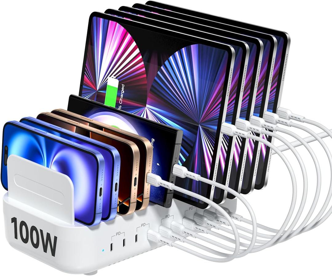 SooPii Multi USB Charging Station,100W 10-Port Type C Fast lPad Charging Station for Multiple Devices with Adjustable Dividers, Charger Organizer Compatible with Phone, Tablet,Kindle and More(White)