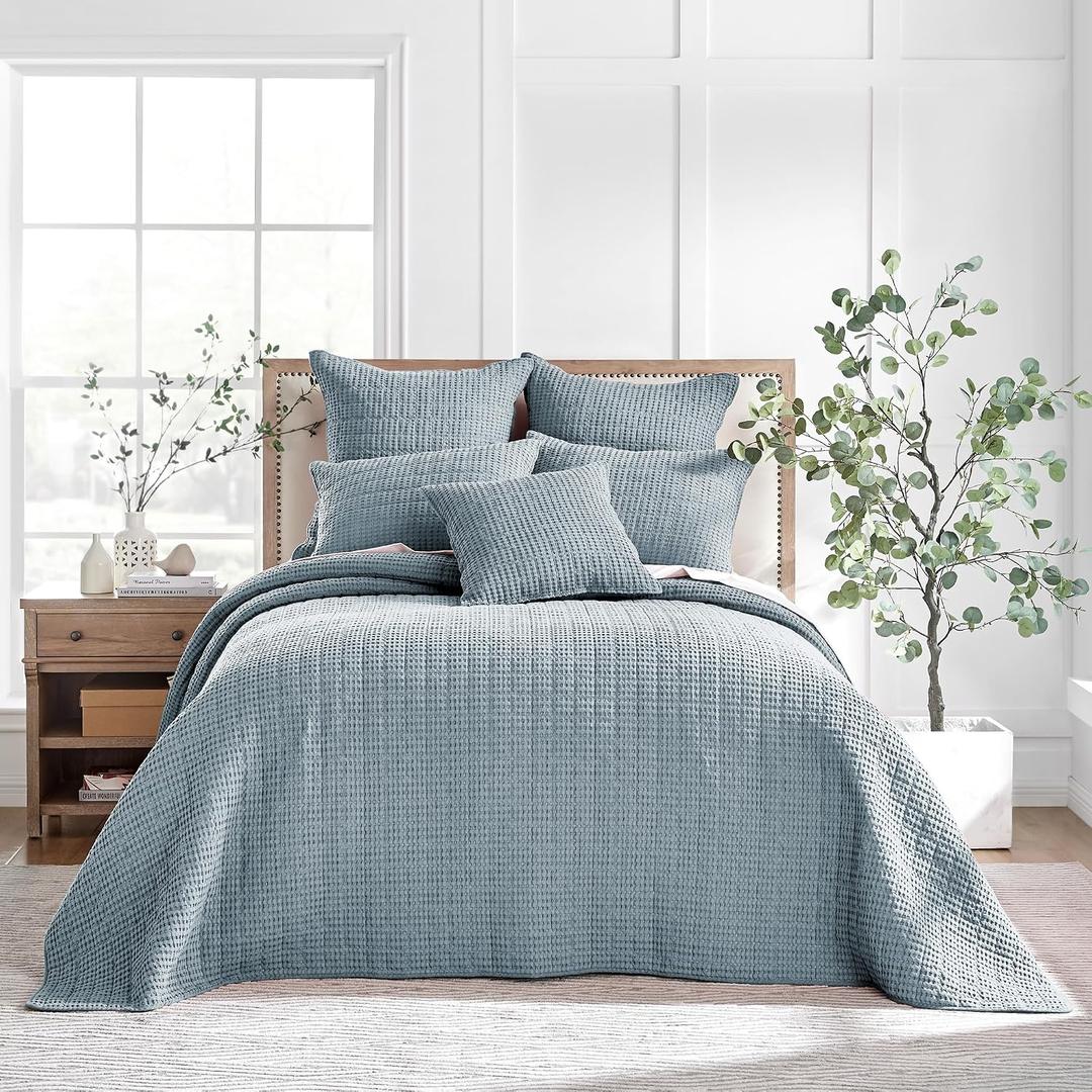 Levtex Home Mills Waffle King Bedspread Set (122x106in) with 2 Pillow Shams (36x20in) - Chambray - Cotton Waffle King Size Bedspread Set - Soft, Pre-Washed