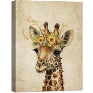 Framed Giraffe Canvas Wall Art Funny Giraffe with Yellow Flowers Print on Canvas Picture Cute animal Posters Retro Framed Artwork for Girls Boys' Bathroom Bedroom Home Decorations-12 x16