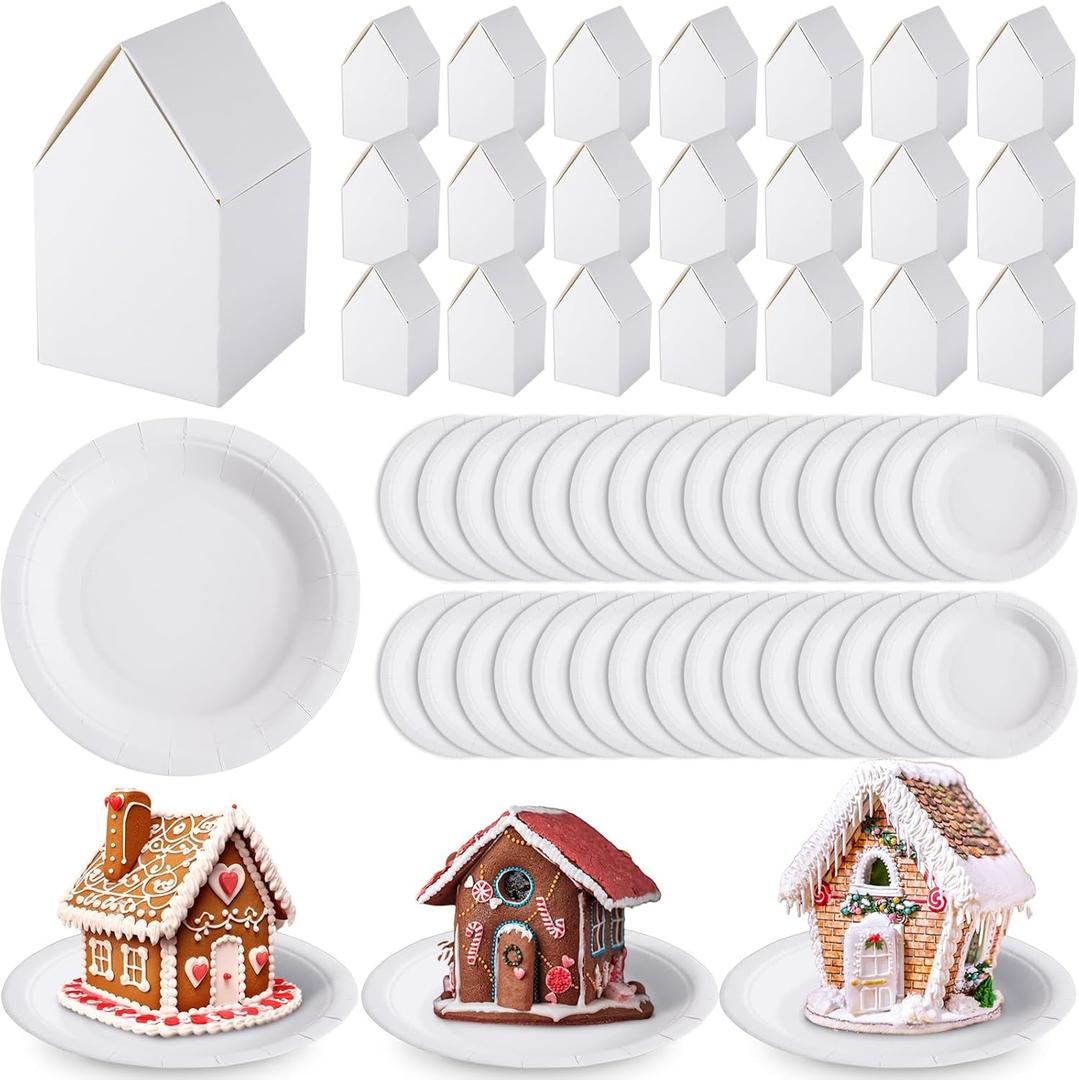 Reallnaive 60 Pcs Christmas Gingerbread House Kit 4.9" x 3" x 3" DIY Gingerbread Crafts Blank Boxes Cardboard Cookie House with 7" Round Paper Plates Xmas Decorations Holiday Fun Activity(White)