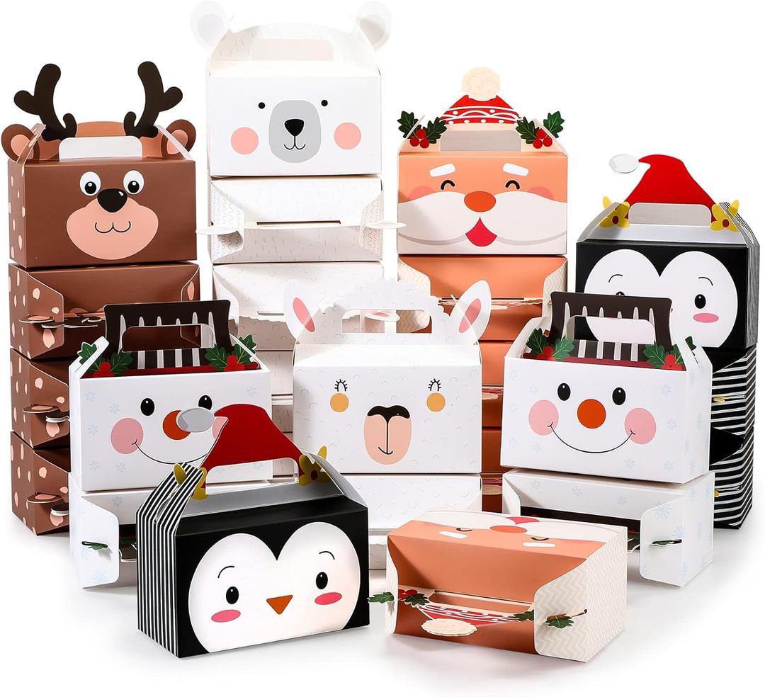 TaoBary 48 Pcs 3D Christmas Treat Gift Wrap Boxes for Holiday Xmas Presents Christmas Cookie Boxes for Gift Giving Santa Snowman Elk Alpaca Cardboard Gable Box with Handles for Party Supplies