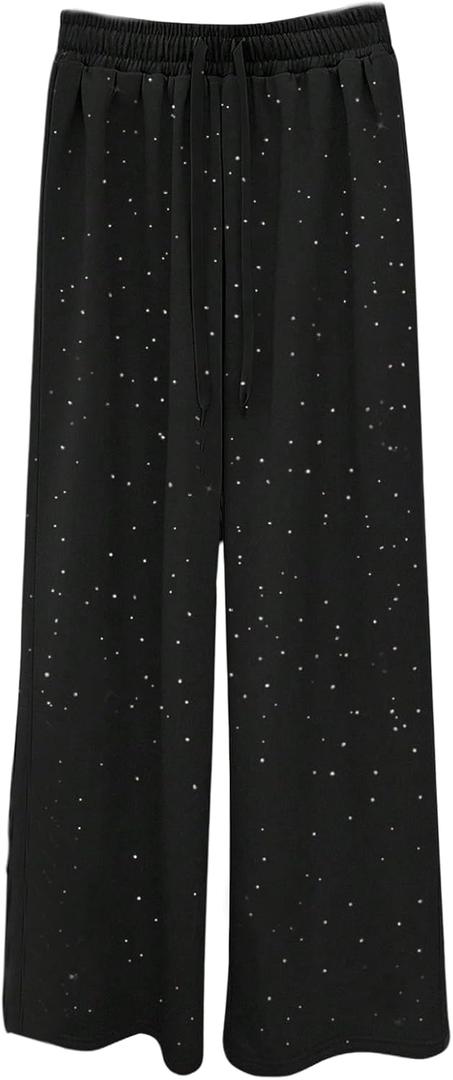SHENHE Women's Baggy Sweatpants Wide Leg Drawstring Rhinestone Casual Loose Pants with Pockets (Medium, Black)