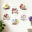 BEUNITONE Books Flowers Embroidery Kit, 6PC Literary Themed Cross Stitch Set for Book Lovers, Reading Hobby DIY Craft, Unique Home Decor Gift Idea