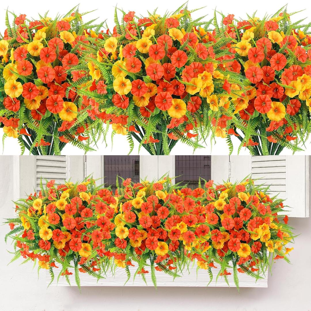 Artificial Fall Flowers for Outdoors 12 Bundles Fake Mums Petunias Flowers UV Resistant Shrubs Plants with Fern for Indoor Outside Hanging Planters Home Garden Autumn Decoration(Orange Yellow)