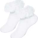 2 x Girls Ruffle Socks Toddler Frilly Lace Dress Socks with Soft Furry Ruffle Trim,1 Pack (3-5T, White)