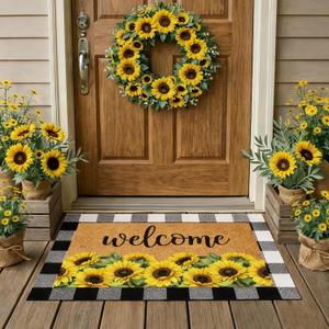 Drydiet 2 Pcs Spring Layered Coir Doormat Set Sunflower Welcome Front Door Mat with Black and White Buffalo Plaid Outdoor Rug Non Slip Porch Entryway Rug for Indoor Outdoor Farmhouse Decor
