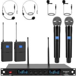 4-Channel Wireless Microphone System, Quad UHF Metal Cordless Mic, 2 Handheld Mics, 2 Bodypack Mics, Long Distance150-200Ft, Fixed Frequency, 16 Hours Use for Karaoke Singing, Church