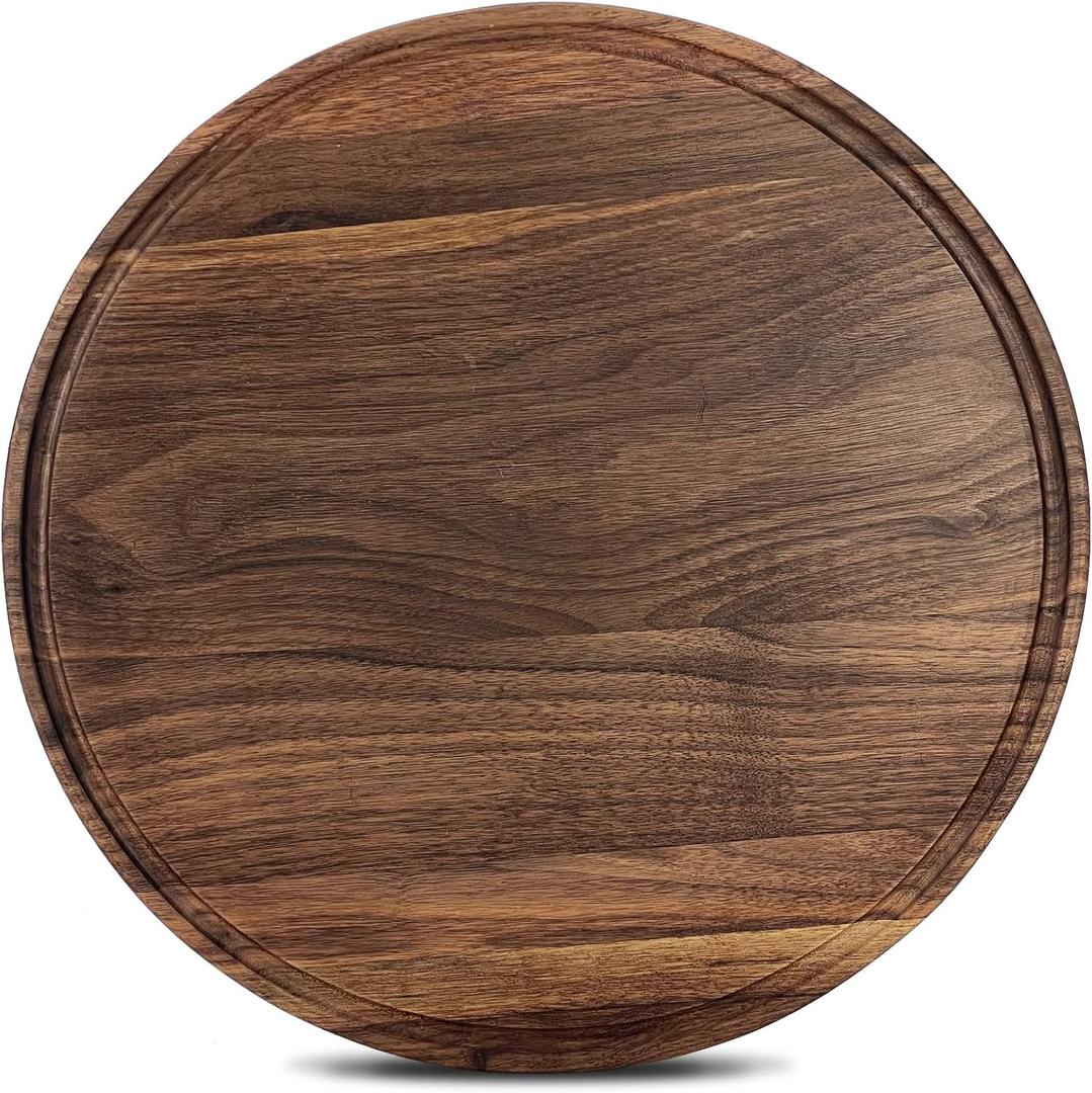 12 Inches Round Walnut Wood Cutting Board for Kitchen, Wooden Chopping Board With Juice Grooves