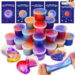 28 Pack Valentines Day Gifts for Kids, Valentines Galaxy Slime with Valentines Cards Kids Stress Relief Fidget Set Valentines Day Gifts for School Classroom Exchange Prize Party Favors Supplies