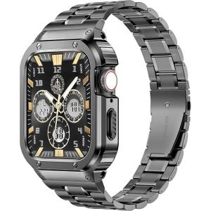 MioHHR Stainless Steel Watch Band with Case Compatible with Apple Watch Ultra3/2/1 Series 11 10 9 8 7 6 5 4 3 2 1 SE3/2/1, Metal Strap with Protective Cover for iWatch 49/46/45/44/42/41/40/38mm Men (Grey)