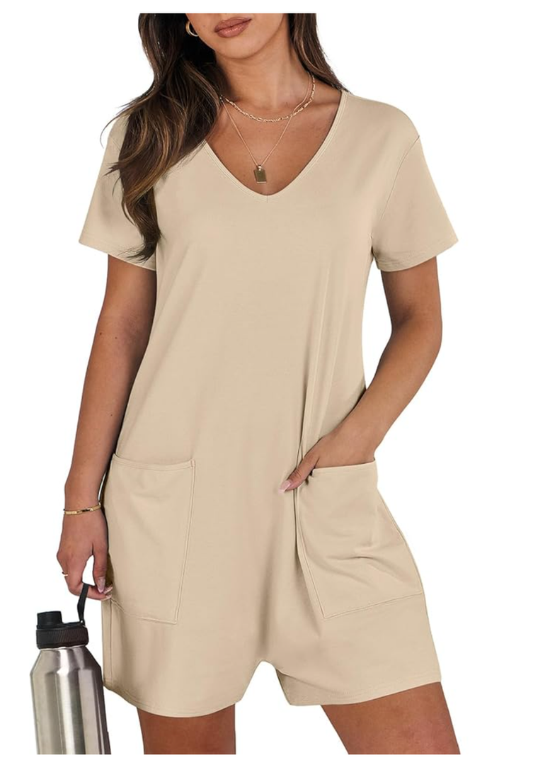 Rompers for Women Summer Casual Short Sleeve Jumpsuits V Neck Loose Fit One Piece Outfits with Pockets 2025 Clothes, Small, Khaki 