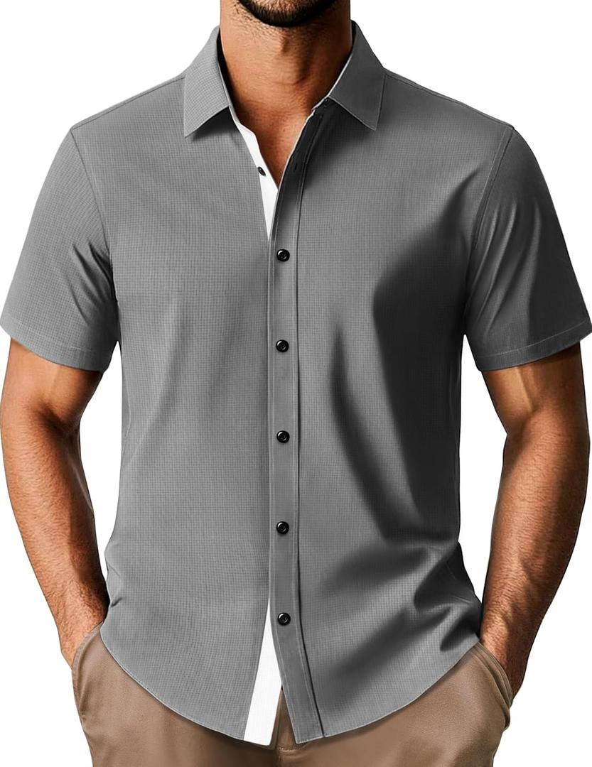 PJ PAUL JONES Men's Short Sleeve Button Down Casual Dress Shirt (Gray, M)