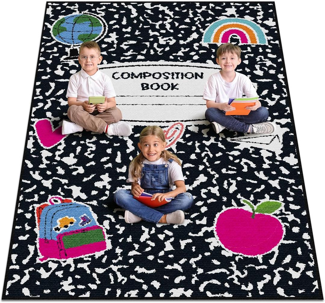 Teenyyou 5 x 7.6 ft Large Classroom Rug Composition Book Elementary Educational Area Rug Kids Room Children Classroom Carpet Playroom Learning Colorful Square School Decor Seating Carpet 7 Seats, 4'11" x 7'7"