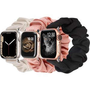 TOYOUTHS 3 PCS Compatible with Apple Watch Band Scrunchies 41mm Cloth Soft Pattern Printed Fabric Bracelet Women IWatch Elastic Bands 38mm 40mm Series SE 10 9 8 7 6 5 4 3 2 1, Black (Starlight/Pink/Black)