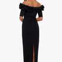 Xscape Women's Long Off-the-Shoulder Ruffle Neck Formal Evening Gown with ¾ Sleeves and Back Slit, Black, 8P