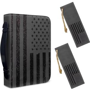 Lotusorchid Bible Cover Case with Bookmarks, American Flag Leather Bible Cover for Women Men, Portable Bible Carrying Case with Handle and Pocket, Waterproof Bible Accessories for Christian, L
