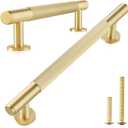 QOGRISUN 5-Pack Solid Brass Cabinet Pulls, Grooved Gold Bar Handles, 5-Inch Hole Center for Kitchen Drawer Dresser Cupboard, 6.5-Inch Total Length, Brushed Brass Finish  Eleganza