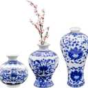 AuldHome Blue and White Porcelain Vases Set of 3, Mini Decorative Bud Vases for Farmhouse, Cottagecore, and Vintage Decor