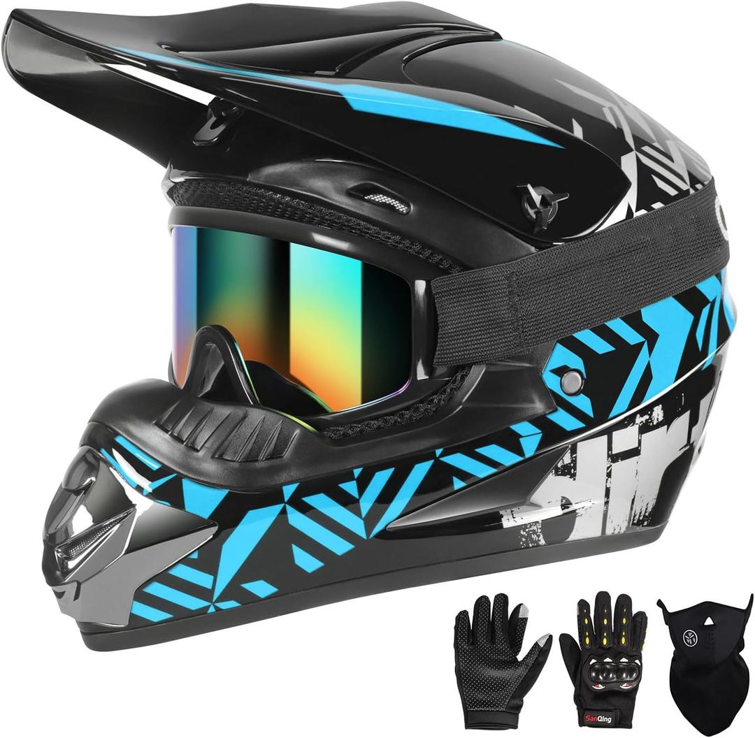 SPARK DOT Certified Youth Motocross Helmet Kids Dirt Bike Helmets - Full Face, Lightweight & Breathable for Off-Road E-Bike BMX MX ATV (with Gloves Goggles Mask) 4Pcs Set (Small)