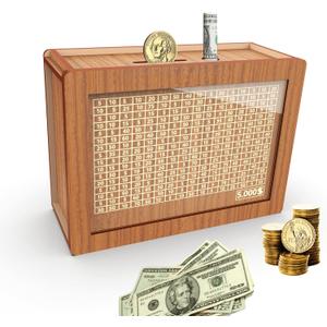 Piggy Bank for Adults Kids, Wooden Coin Bank for Boys and Girls, Cash Vault Money Saving Box with Counter $5000 Savings Challenge Money Box with Money Target and Numbers (Brown $5000)