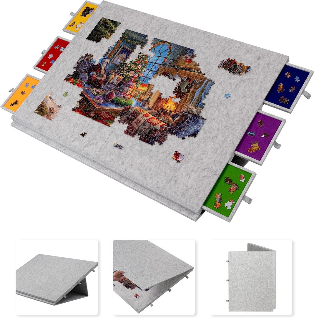 Lavievert 2000 Piece Tilting & Foldable Puzzle Table with 2-in-1 Designed Stand & Cover, Lightweight Felt Puzzle Plateau with 6 Colored Drawers, Portable Jigsaw Puzzle Board for Adults Light Gray