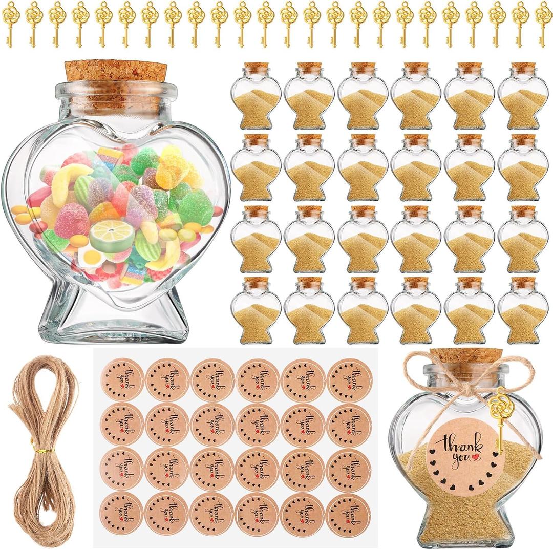 Mimorou 24 Set Honeymoon Sand Keepsake Jars 2. 7 oz Heart Glass Jars Wish Bottles with Lid and Key DIY Crafts for Magical Wedding Decor, Bridal Shower, Baby Shower