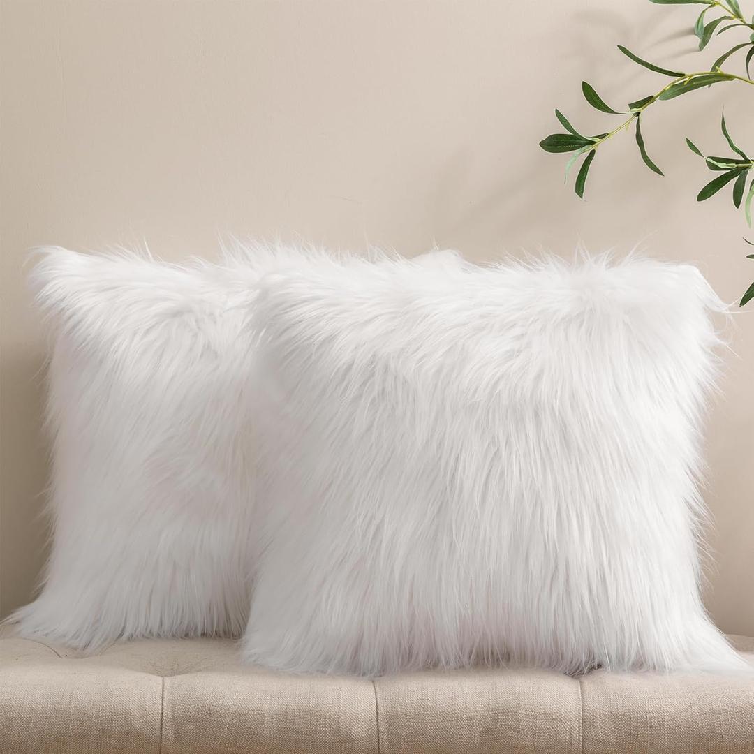 Phantoscope Pack of 2 Faux Fur Solid Throw Decorative Pillow Cover Cushion Covers Luxury Soft Decorative Pillowcase Fuzzy Pillow Covers for Bed/Couch, White 18 x 18 Inches