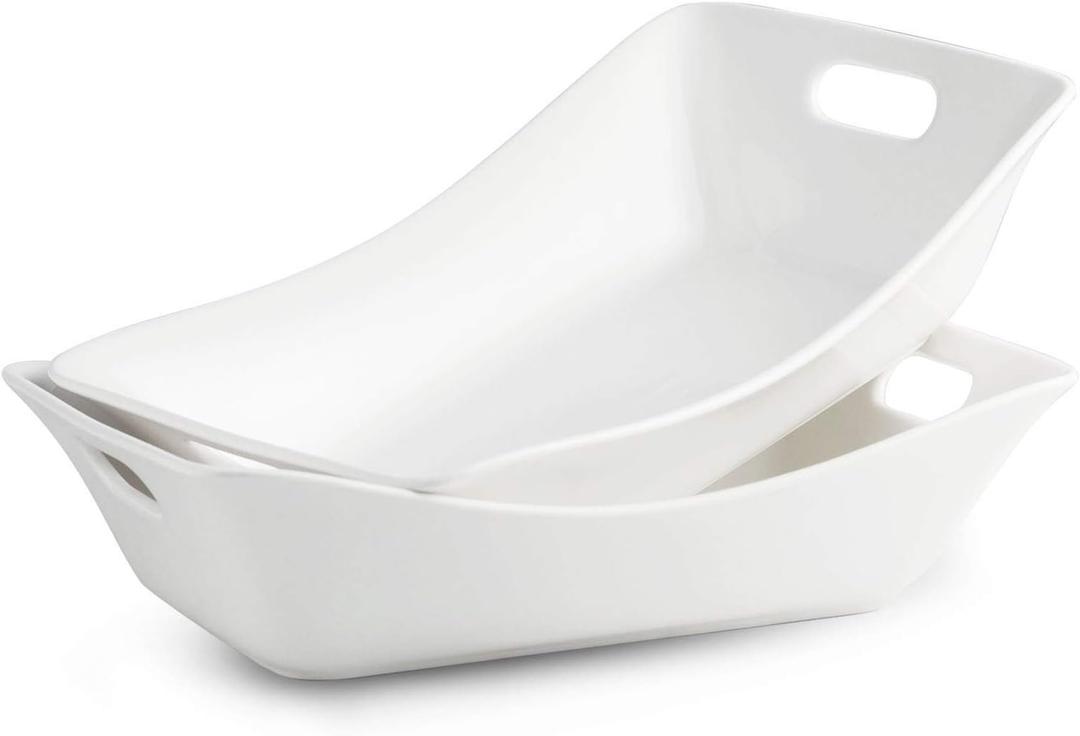 YHOSSEUN Large Serving Bowls with Handles White Serving Dishes For Entertaining, 1.5 Quarts Ceramic Bowl Set Rectangle Serving Platter for Thanksgiving, 2 Pack