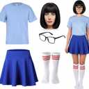 Crowye 6 Pcs Halloween Costume Nerd Glasses for Women Black Bob Wigs Blue Short Sleeve Shirts Skater Skirts Striped Socks (Blue, M)