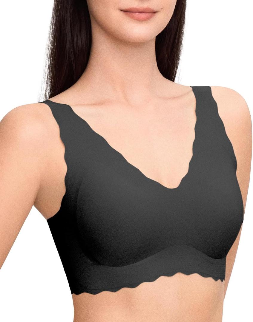 Ubras Deep V Seamless Bras for Women Scalloped Wireless Bralette Comfortable Soft Everyday Sleep Bras Smart Size (Medium, Black)