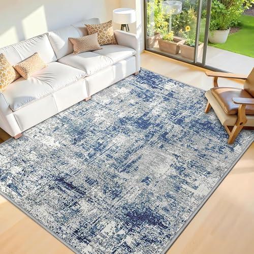 SIPIHA 5x7 Area Rugs for Living Room, Machine Washable Vintage Rug, Non-Slip Low Pile Throw Rugs with Rubber Backing Foldable Washable Carpet for Bedroom Dining Room Home Decor, Blue