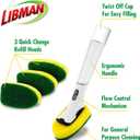 Libman Dishmatic I-Stand Dish Wand Kit, Kitchen Cleaning Scrub Brush with Handle and Soap Dispenser for Scrubbing and Washing Dishes, Refillable Standing Dispensing Scrubber Brushes, 3 Sponge Refills